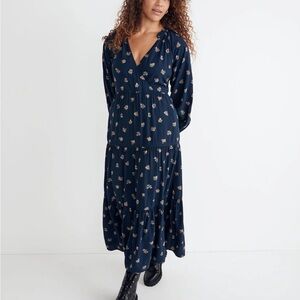 MADEWELL Challis Midi Dress Deep Indigo Drapey Tiered Ruffles Oversized Sz S